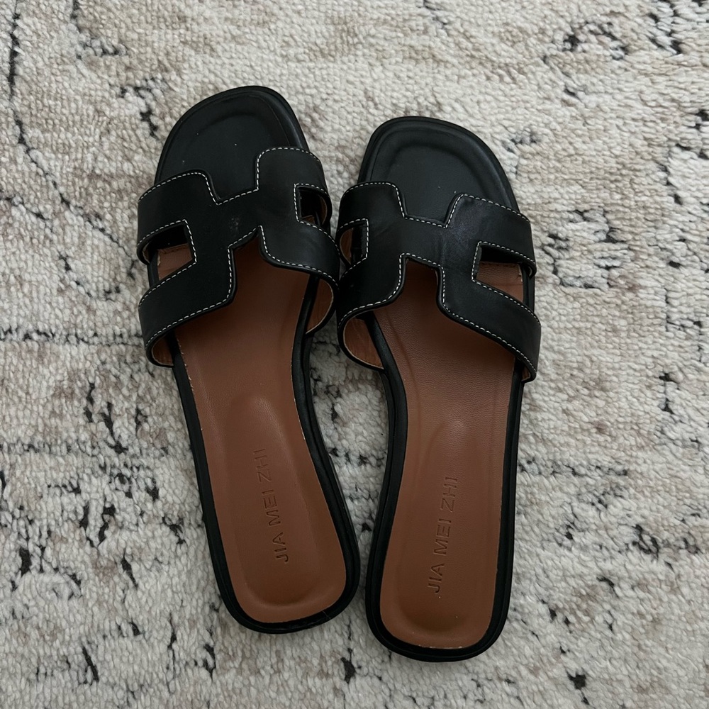 Black and Brown H-Pattern Slide Sandals